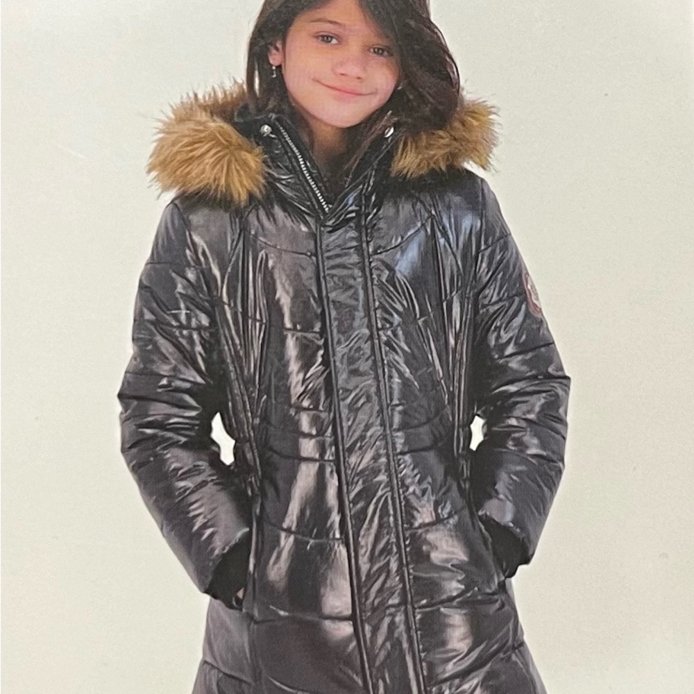 Girls Black Puffer Coat with Fur Hood